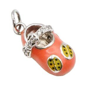 Sterling Silver Peach Enamel Baby Shoe Dangle Charm with Ladybug Detail